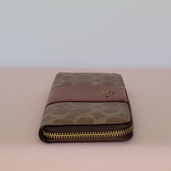 COACH Signature Logo Coated Canvas & Leather Slim Accordion Zip Wallet- Tan Rust - Picture 10 of 16